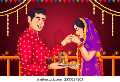 Feliz pareja india celebrando juntos el festival Karwa Chauth. Marido interpretando las tradiciones de Karwa Chauth de ofrecer agua a su esposa en ayunas con atuendos tradicionales de fondo de Vector creativo