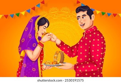 Happy Indian couple celebrating Karwa Chauth festival together. Husband performing Karwa Chauth traditions of offering water to her fasting wife in traditional attire vector character design