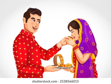 Happy Indian couple celebrating Karwa Chauth together. Husband performing Karwa Chauth traditions of offering water to her fasting wife