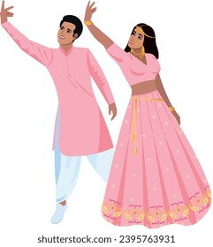 Happy Indian couple dancing at wedding cheerful dance Bride and groom in light pink wedding dresses with pattern Vector