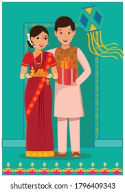 Happy Indian couple in traditional attire to celebrate festival of lights, Diwali.