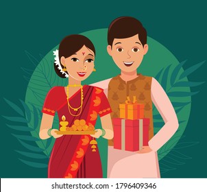 Happy Indian couple in traditional attire to celebrate festival of lights, Diwali.