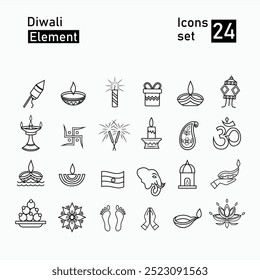 Happy indian diwali festival with 24 line style icon vector illustration. perfect for collections of assets, logos, icons, etc