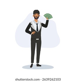 happy indian entrepreneur in suit holding fan of cash showing financial freedom and success