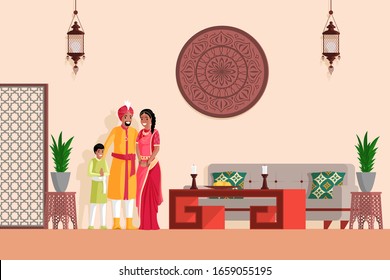 Happy Indian Family In Arabian Or Indian Style Designed Living Room Vector Flat Illustration. Smiling Mother, Father And Son In National Clothes Standing Together In Home Decorated In Oriental Style.