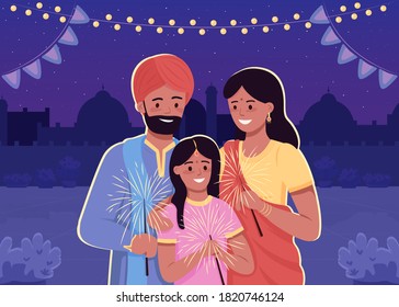 Happy indian family flat color vector illustration. Traditional Hindu holiday celebration. Parents with child in national clothes. Relatives 2D cartoon characters with cityscape on background