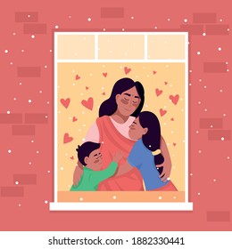 Happy Indian Family In Home Window Flat Color Vector Illustration. Spending Winter Holiday Together With Kids, Mother. Mother, Daughter And Son 2D Cartoon Characters With Apartment On Background