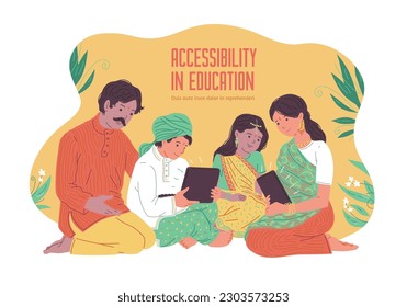 Happy Indian family in national costumes flat style, vector illustration isolated on white background. Accessibilitiy in education, children with laptop and tablet, smiling people