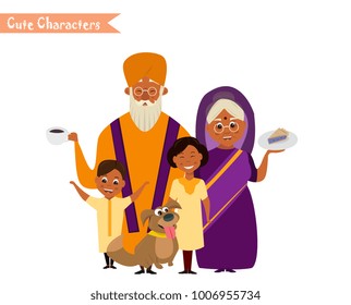 happy indian family in national dress isolated vector illustration. grandparents and children cartoon characters. senior couple with grandchildren