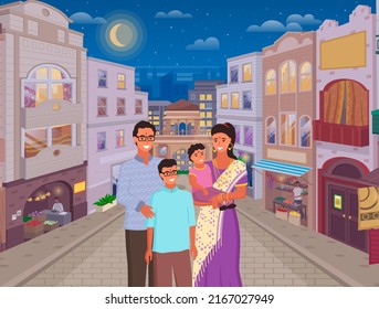 Feliz familia india caminando por la ciudad, mercado con tiendas, mercado auténtico. Celebración tradicional de las fiestas hindúes. Padres con niños vestidos con ropa nacional. Personajes familiares con paisaje urbano