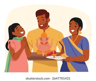 Happy Indian family prayers celebrating Diwali festival holiday together vector illustration. Smiling parents and daughter wearing traditional clothing holding tray with sacred attributes cartoon