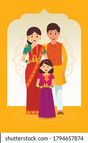 Happy Indian family of three in a bright festive attire. 