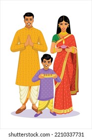 Feliz familia india de tres personas con un traje festivo brillante. Ilustraciones vectoriales