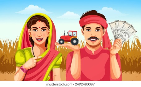 Pareja de agricultores indios felices en ropa tradicional colorida, de pie en el campo de trigo que muestra el dinero o la moneda y el juguete del tractor en la mano