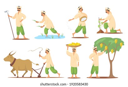 Happy Indian farmer in different poses flat set for web design. Cartoon barefoot man plowing field, planting and seedling isolated vector illustration collection. Rural business and village concept