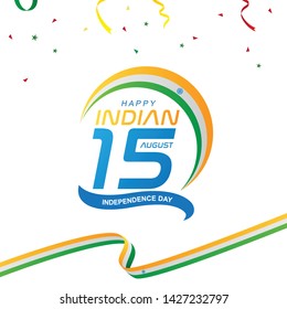 Happy Indian Independence Day. 15 August logotype. Waving flags, ribbon, and confetti on white background. Vector illustration