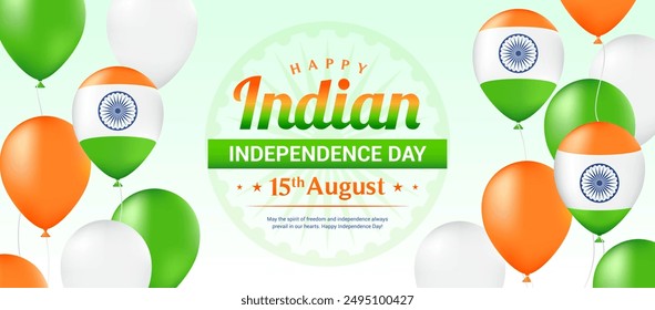 Happy Indian Independence Day, 15th August banner vector illustration. Ashoka chakra wheel with balloons frame