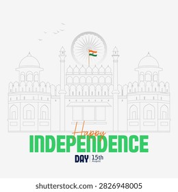 Happy Indian Independence Day 15th August vector illustration featuring minimalist line art of Red Fort (Lal Qila), Ashoka Chakra, and tricolor typography. Perfect for patriotic greeting cards and posters.