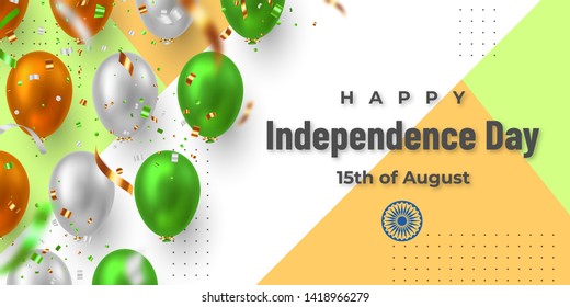 Happy Indian Independence day banner. Vector glossy balloons with confetti in traditional tricolor flag of India with greeting text.