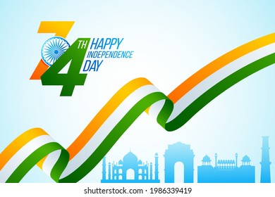 Happy Indian Independence Day celebration. National tricolor ribbon for 15 August with Taj Mahal, India Gate, Red Fort and Kutub Minar on sky blue background