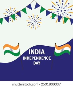 Happy Indian independence day with indian flags and fireworks isolated on background. 15 august. India independence.