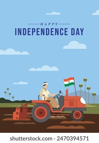 Happy Indian Independence Day Gruß Design mit der Illustration von Bauern, die im Reisfeld arbeiten. Vektorillustration.