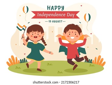 Happy Indian Independence Day which is Celebrated Every August with Flags, People Character and Ashoka Wheels in the Cartoon Style Illustration