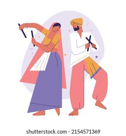 Happy Indian lovers, couple dancing. Lovers in traditional indian outfits dancing Dandiya Raas. Happy dancers in the festival. Flat vector illustration