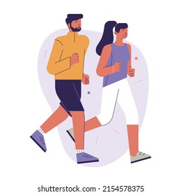 Happy Indian Lovers, Couple Jogging Together. Physical Exercises, Active Lifestyle And Fitness. Athlete On Marathon. Flat Vector Illustration