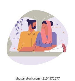 Happy Indian Lovers, Couple Spending Time Together. Husband And Wife Making Dinner, Watching A Movie, Jogging, Dancing And Traveling. Flat Vector Illustration