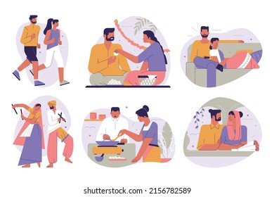 Happy Indian Lovers Set, Couple Spending Time Together. Husband And Wife Making Dinner, Watching A Movie, Jogging, Dancing And Traveling. Flat Vector Illustration