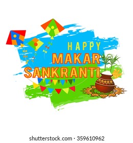 Happy Indian Makar Sankranti  - Pongal greeting background with  rice in a traditional mud pot, kites, wheat grain and bamboo