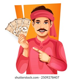 Happy Indian man showing 10 rupee note Indian currency, isolated on a white background- concept of empowerment, earnings, bank loan, and business