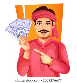 Happy Indian man showing 100 rupee note Indian currency, isolated on a white background- concept of empowerment, earnings, bank loan, and business