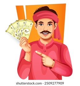Happy Indian man showing 20 rupee note Indian currency, isolated on a white background- concept of empowerment, earnings, bank loan, and business
