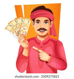 Happy Indian man showing 200 rupee note Indian currency, isolated on a white background- concept of empowerment, earnings, bank loan, and business