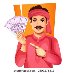 Happy Indian man showing 2000 rupee note Indian currency, isolated on a white background- concept of empowerment, earnings, bank loan, and business