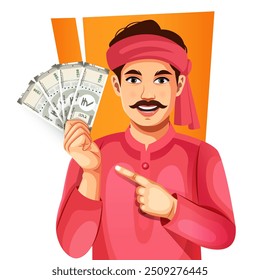 Happy Indian man showing 500 rupee note Indian currency, isolated on a white background- concept of empowerment, earnings, bank loan, and business