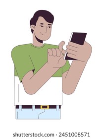 Happy indian man touching phone 2D linear cartoon character. South asian male using smartphone isolated line vector person white background. Guy on cellphone texting color flat spot illustration