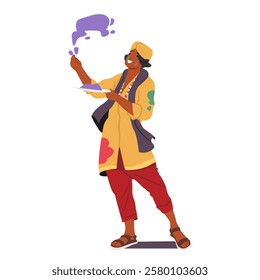 Happy Indian man wearing stained and spotted traditional native costume celebrating spring Holi festival throwing and spraying vibrant colored paint dust in air vector illustration. Fun entertainment