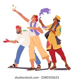 Happy Indian people and travelers group celebrating Holi spring festival throwing colored dust in air feeling fun and unity vector illustration. Creative springtime tradition and holiday entertainment