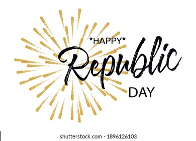 Feliz Día de la República India el 26 de enero. Hermosa tarjeta arañada caligrafía de texto negro palabras estrellas de oro, fuegos artificiales. Diseño dibujado a mano. Letrado de pincel moderno manuscrito fondo blanco vector aislado