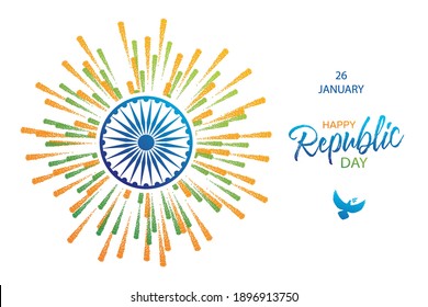 Happy Indian Republic Day 26 January poster. Beautiful card scratched calligraphy blue text word, fireworks national flag, dove of peace. Handwritten brush lettering white background isolated vector.