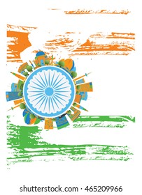 Happy Indian Republic Day Banner. Vector illustration. Concept with indian Landmarks and copy space. Buildings on indian flag.