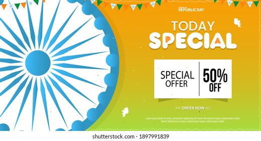 Afiche o fondo de pancartas de la feliz celebración del Día de la República India. Diseño de plantilla de fondo de oferta especial de venta con descuento del 50%