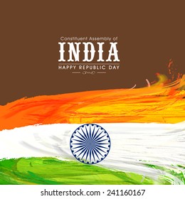 Happy Indian Republic Day celebration with national tricolor feathers and Ashoka Wheel on brown background.