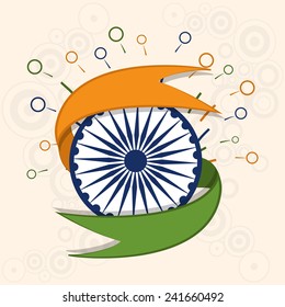 Happy Indian Republic Day celebration concept with Ashoka Wheel covered by national flag color ribbon on floral decorated background.