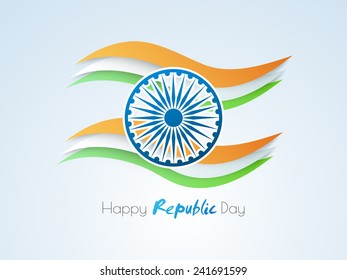 Happy Indian Republic Day celebration concept with Ashoka Wheel and national tricolor waves on shiny sky blue background.