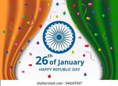 Happy Indian Republic Day celebration on curtain color of india flag and confetti greeting card