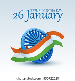 Happy Indian Republic Day celebration. 3D Ashoka Wheel covered by national tricolor ribbon for 26 January. Vector illustration